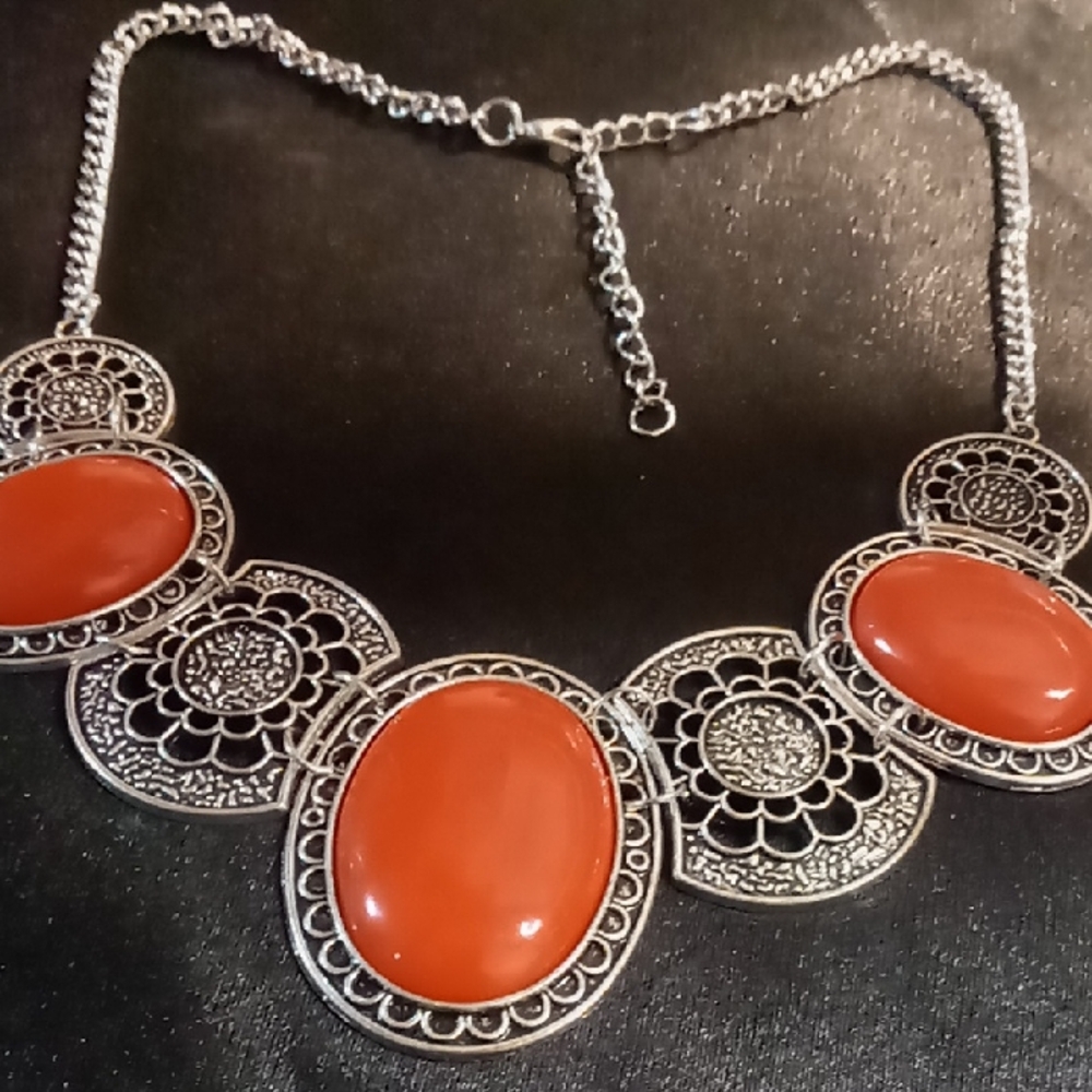 Silver and Burnt Orange Bib Or Collar Statement Necklace 18 In Long.